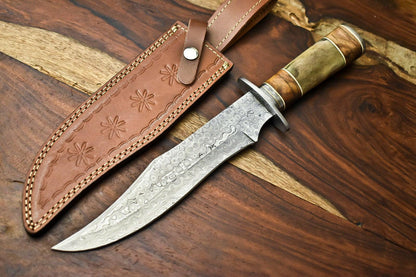 14" Damascus Bowie Knife – Camel Bone Handle & Leather Sheath