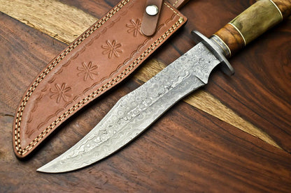 14" Damascus Bowie Knife – Camel Bone Handle & Leather Sheath