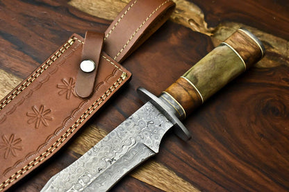 14" Damascus Bowie Knife – Camel Bone Handle & Leather Sheath