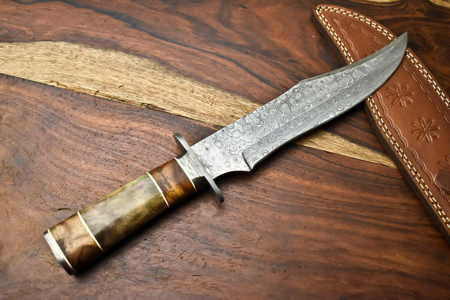 14" Damascus Bowie Knife – Camel Bone Handle & Leather Sheath