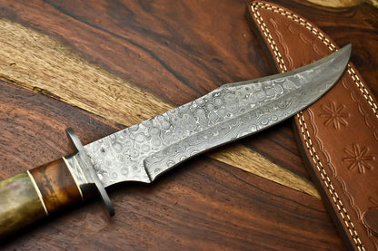 14" Damascus Bowie Knife – Camel Bone Handle & Leather Sheath