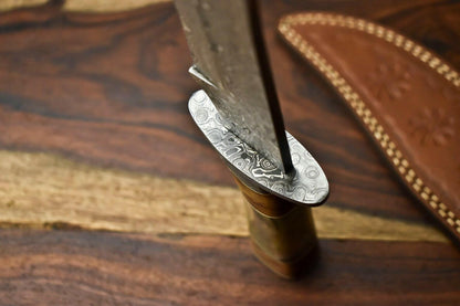 14" Damascus Bowie Knife – Camel Bone Handle & Leather Sheath