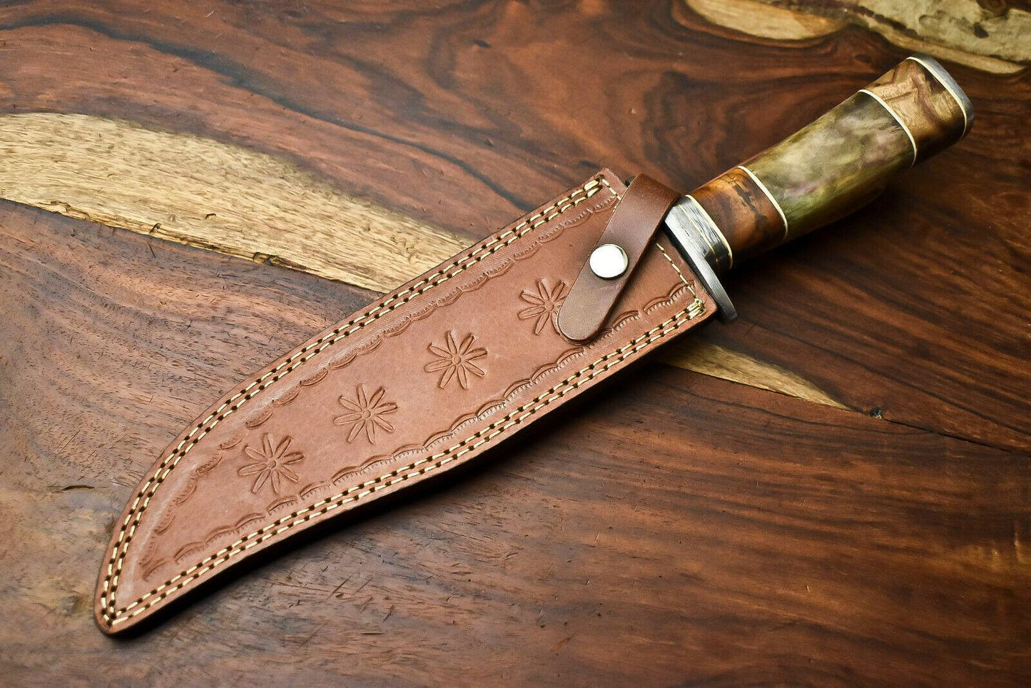 14" Damascus Bowie Knife – Camel Bone Handle & Leather Sheath