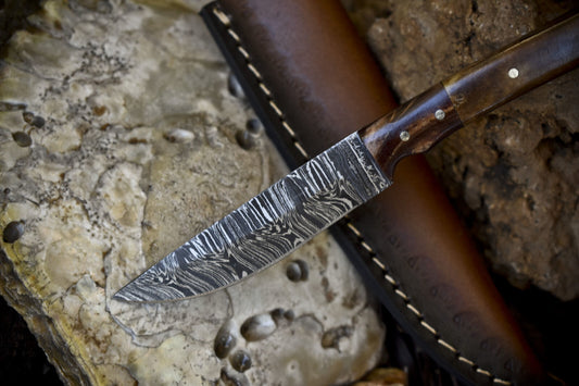 Hand-Forged Twist Damascus Steel Skinner Knife with Bone Handle and Micarta Bolster – Bushcraft Hunting Blade with Leather Sheath