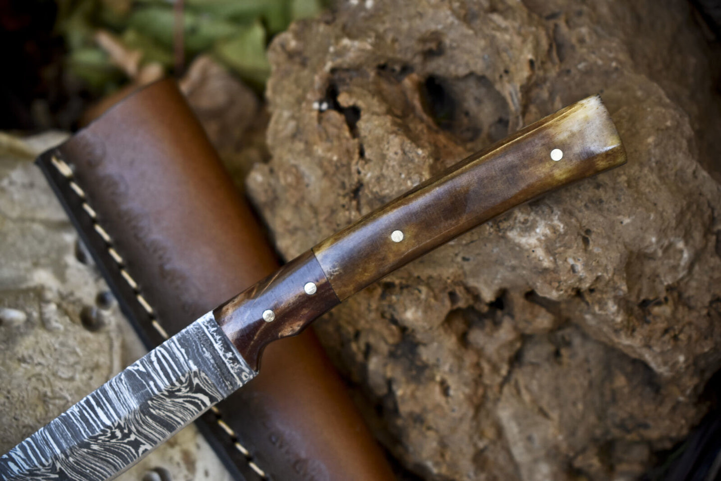 Hand-Forged Twist Damascus Steel Skinner Knife with Bone Handle and Micarta Bolster – Bushcraft Hunting Blade with Leather Sheath