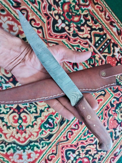 12" Handmade Damascus Steel Knife Fillet Knife Wood Handle W/Leather Sheath