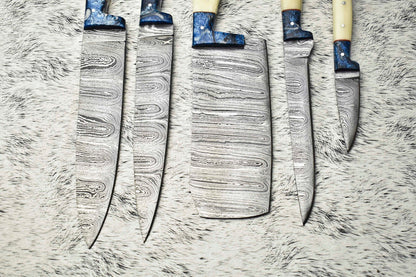Handmade Damascus Steel Chef & Camping Knife Set – Custom 5-Piece Collection