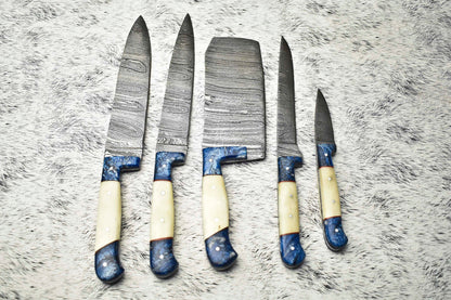 Handmade Damascus Steel Chef & Camping Knife Set – Custom 5-Piece Collection