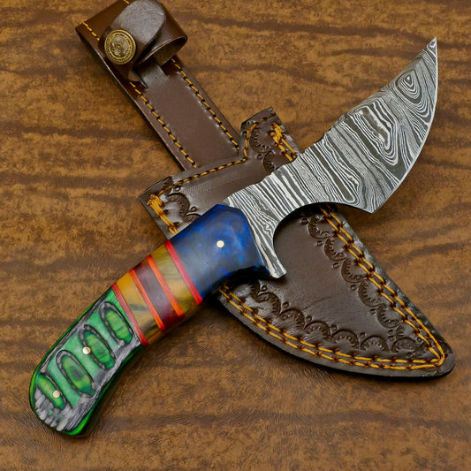 Handmade Damascus Skinner Knife with Resin Wood Handle for EDC and Hunting