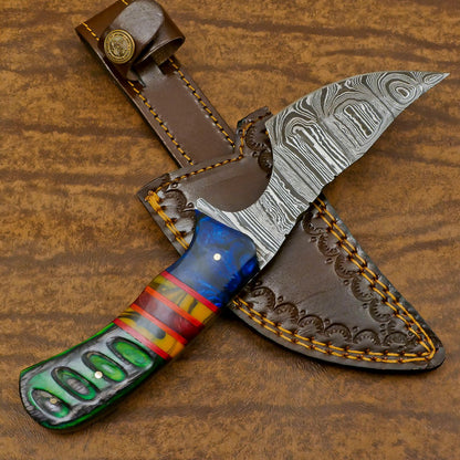 Handmade Damascus Skinner Knife with Resin Wood Handle for EDC and Hunting