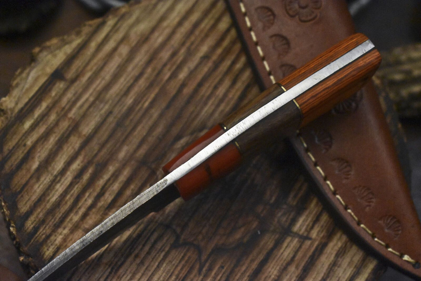 Custom Forged Damascus Skinner Knife Rain Drop Pattern Hardwood Handle EDC
