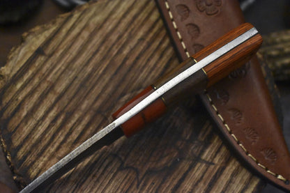 Custom Forged Damascus Skinner Knife Rain Drop Pattern Hardwood Handle EDC