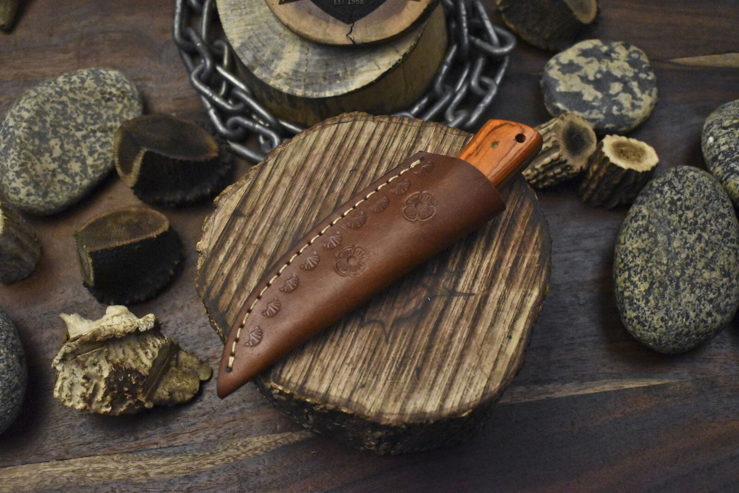 Custom Forged Damascus Skinner Knife Rain Drop Pattern Hardwood Handle EDC