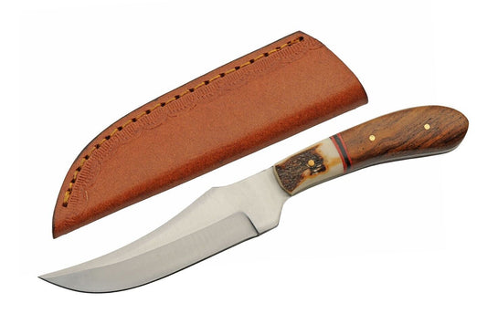 7.25″ Slim Skinner Patch Knife – Stainless Steel Blade, Stag & Wood Handle, Full Tang with Leather Sheath