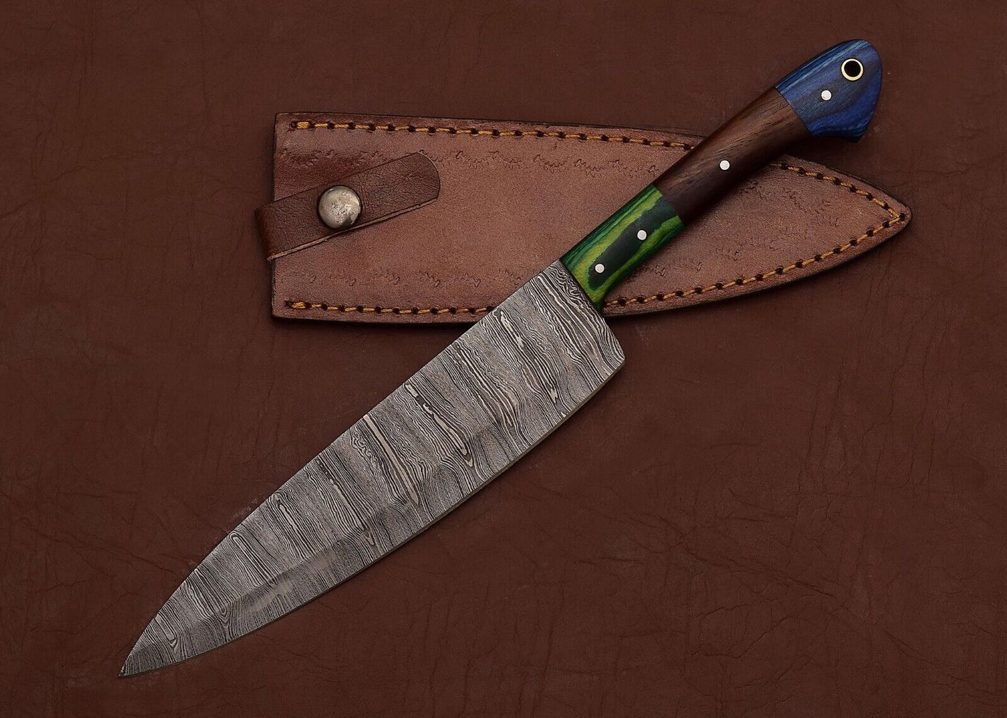 Unique Custom Damascus Steel Chef Knife | Full Tang Fillet Knife with Leather Sheath