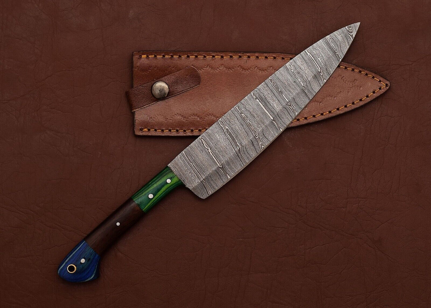 Unique Custom Damascus Steel Chef Knife | Full Tang Fillet Knife with Leather Sheath