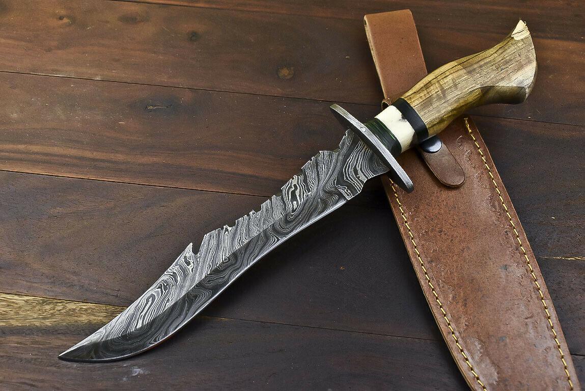 14.5" Handmade Damascus Bowie Knife | Olive Wood Handle