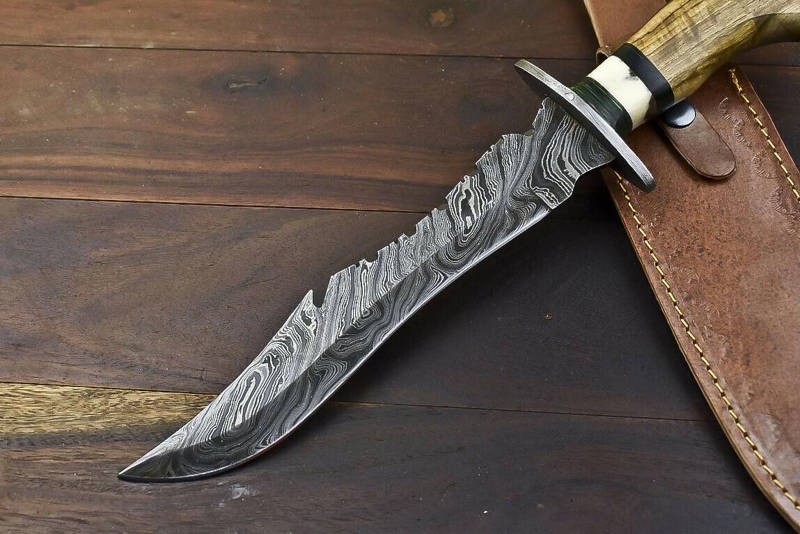 14.5" Handmade Damascus Bowie Knife | Olive Wood Handle