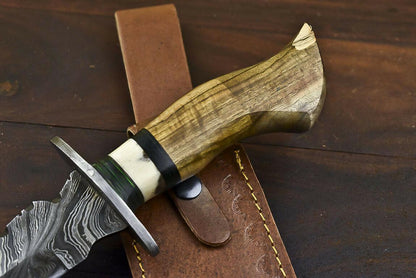 14.5" Handmade Damascus Bowie Knife | Olive Wood Handle