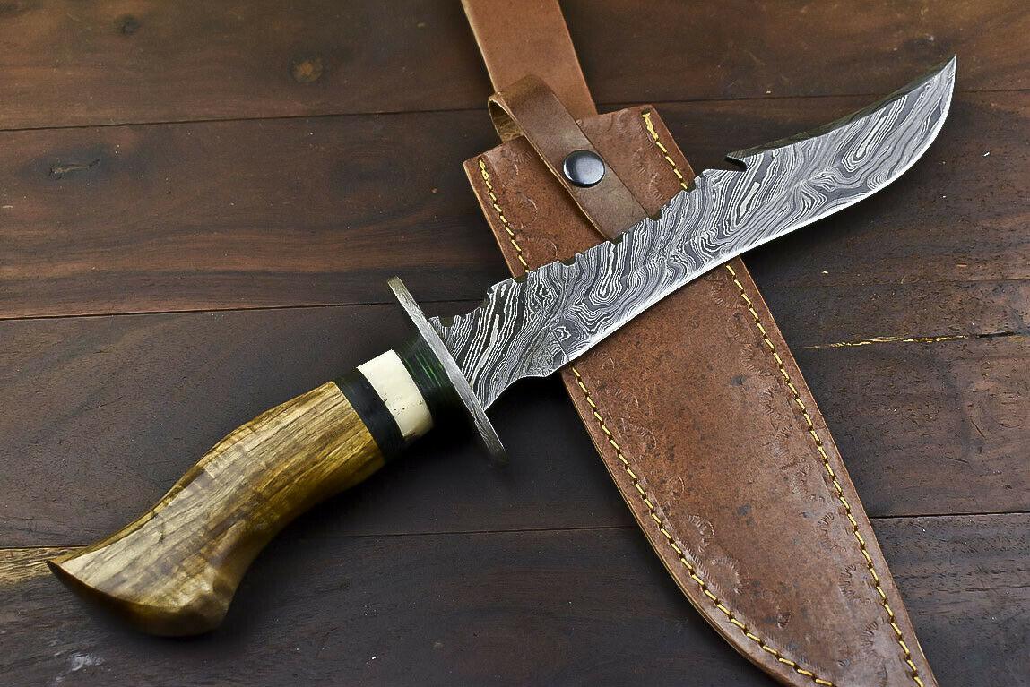 14.5" Handmade Damascus Bowie Knife | Olive Wood Handle