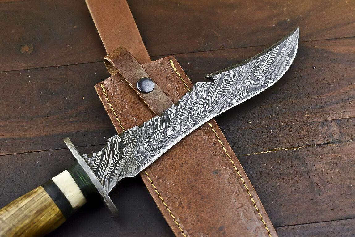14.5" Handmade Damascus Bowie Knife | Olive Wood Handle