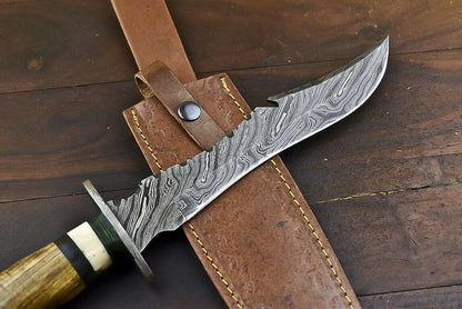 14.5" Handmade Damascus Bowie Knife | Olive Wood Handle