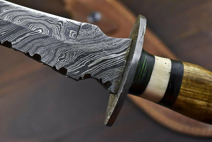 14.5" Handmade Damascus Bowie Knife | Olive Wood Handle