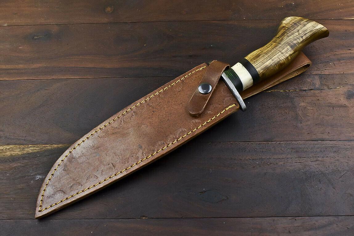 14.5" Handmade Damascus Bowie Knife | Olive Wood Handle