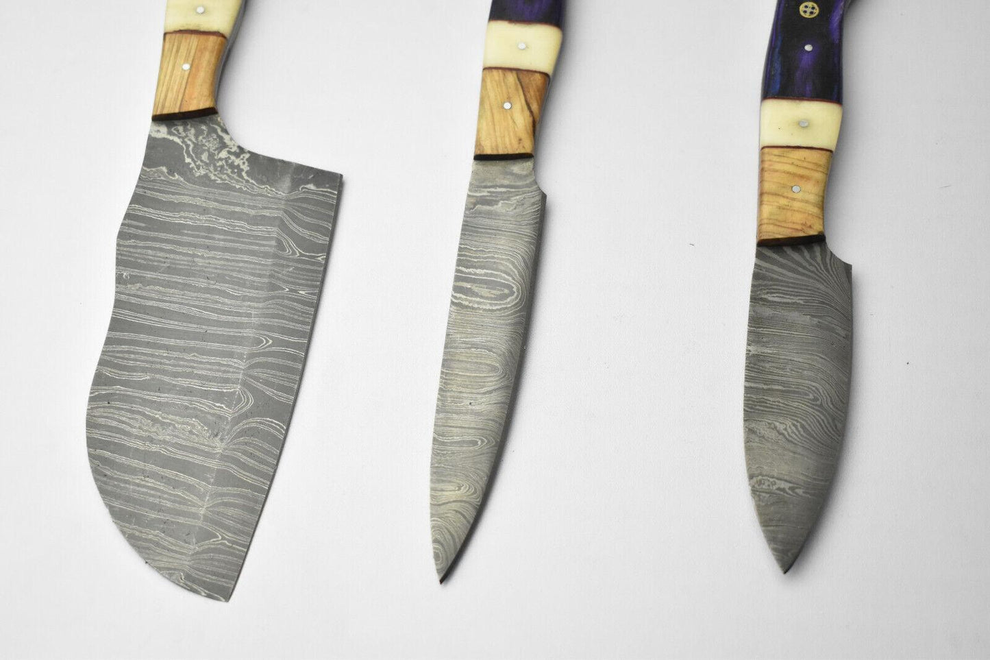 Lot of 3 Handmade Damascus Blade Kitchen Full Tang Chef Knives – High Carbon Steel, 384 Layer Forged Blades