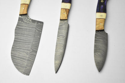 Lot of 3 Handmade Damascus Blade Kitchen Full Tang Chef Knives – High Carbon Steel, 384 Layer Forged Blades