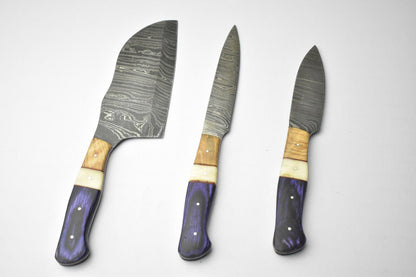 Lot of 3 Handmade Damascus Blade Kitchen Full Tang Chef Knives – High Carbon Steel, 384 Layer Forged Blades