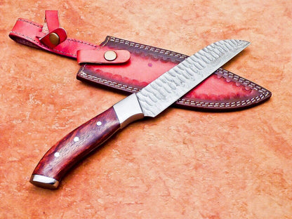 10" Professional Handmade Damascus Steel Chef Kitchen Knife with Hard Wood Handle + Leather Sheath