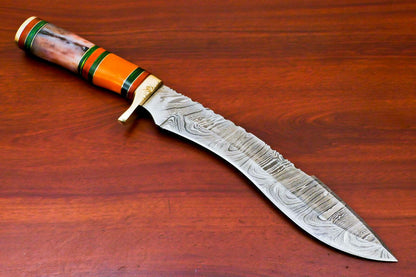 15" Hand Forged Damascus Bowie Hunting Knife – Stained Camel Bone & Hard Wood Handle