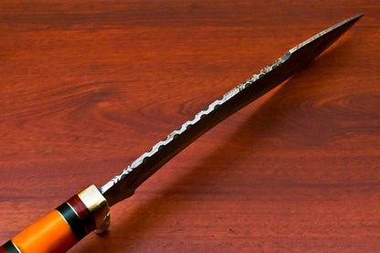 15" Hand Forged Damascus Bowie Hunting Knife – Stained Camel Bone & Hard Wood Handle