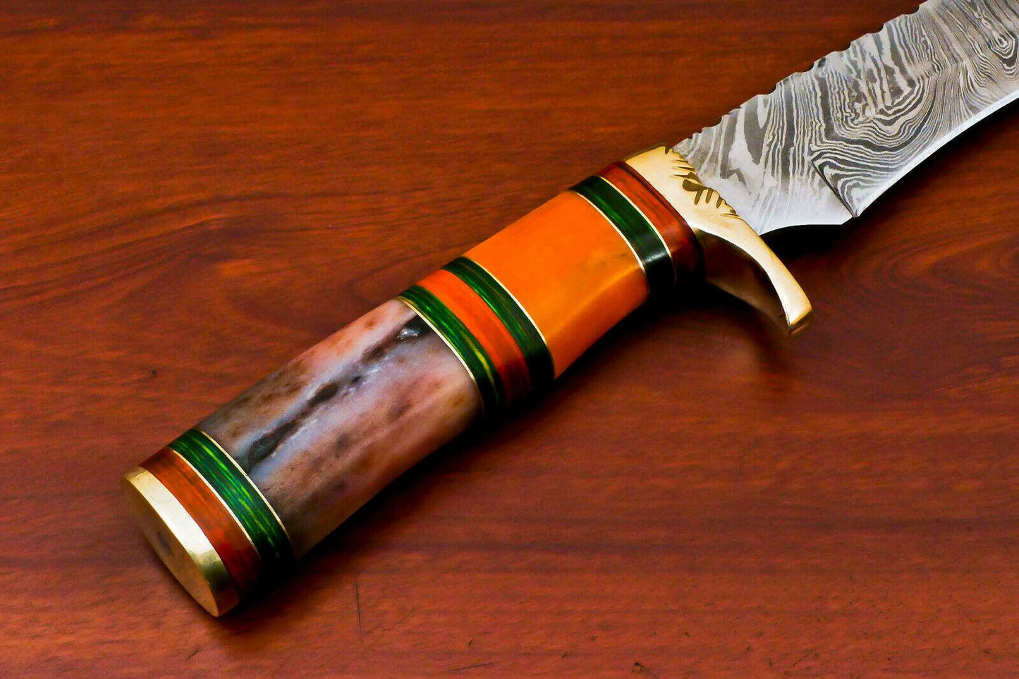 15" Hand Forged Damascus Bowie Hunting Knife – Stained Camel Bone & Hard Wood Handle