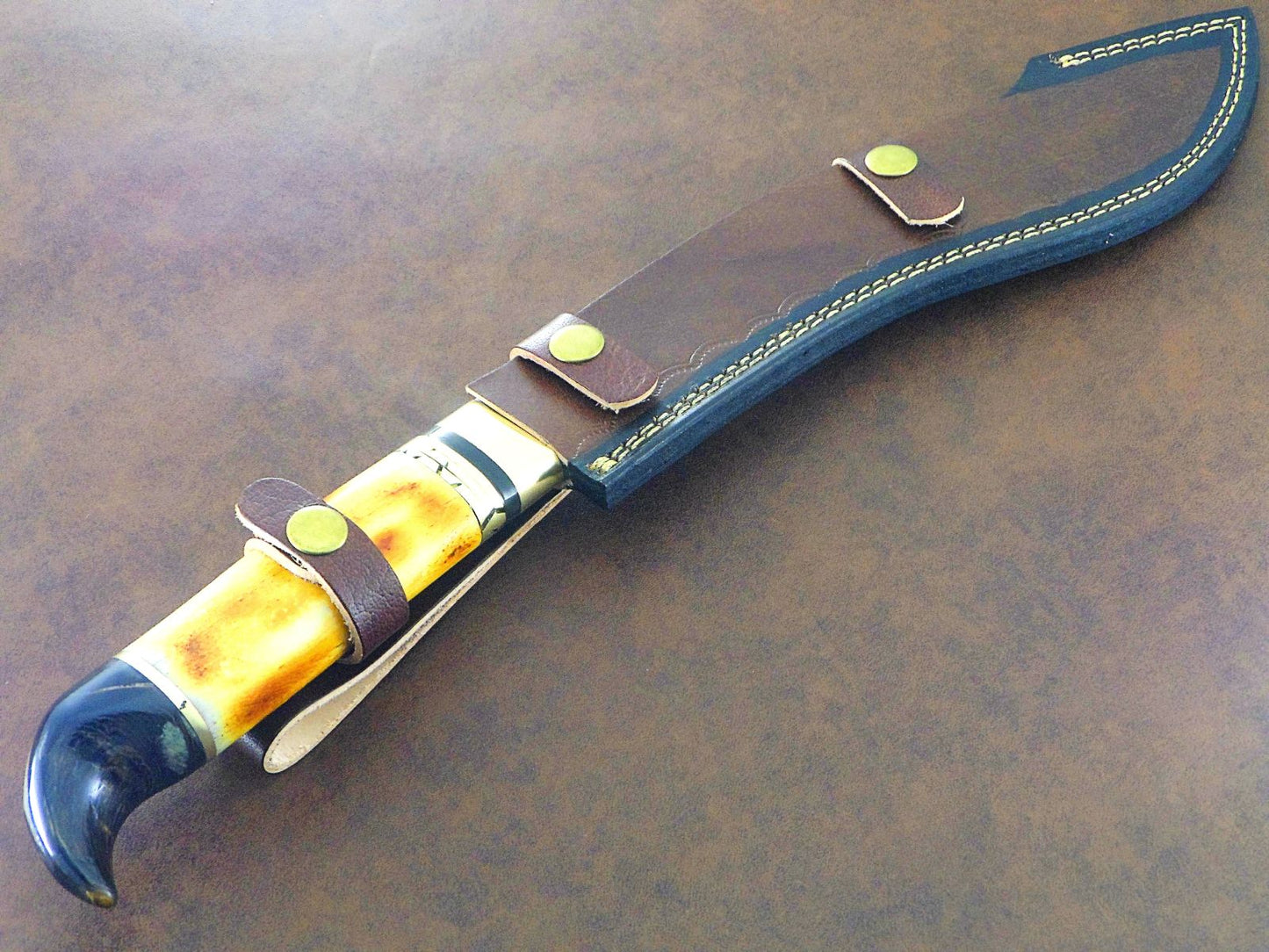 Titan Fang 16.5 Inch Damascus Bowie Knife | Dyed Camel Bone Handle & Leather Sheath