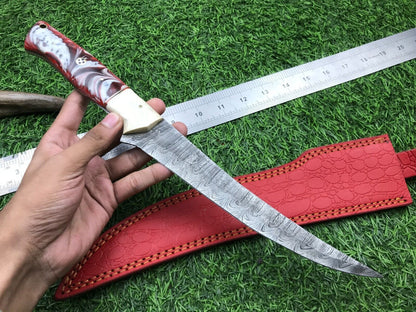 14" Hand Forged Damascus Fillet Knife Hunting Skinner Fillet Knife W/Sheath