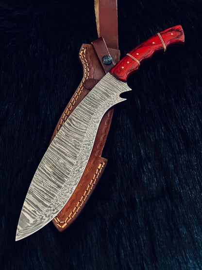 15" Twist Damascus Kukri Bowie Knife – Wood Handle