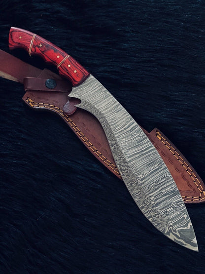 15" Twist Damascus Kukri Bowie Knife – Wood Handle