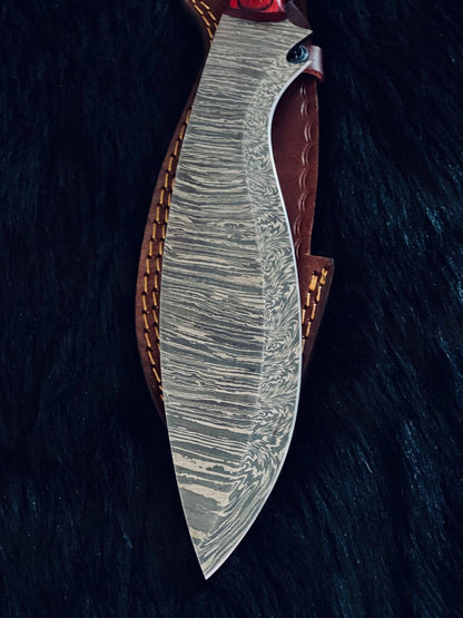 15" Twist Damascus Kukri Bowie Knife – Wood Handle