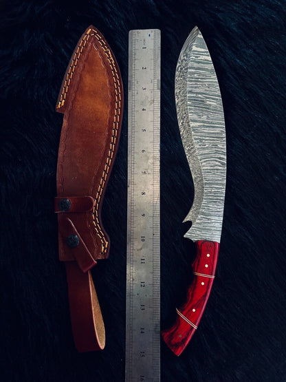 15" Twist Damascus Kukri Bowie Knife – Wood Handle