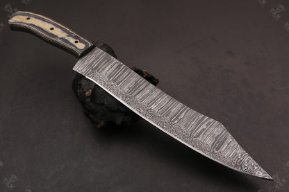 Heritage Forge 15.5 Inch Custom Handmade Damascus Hunting Bowie Knife with Camel Bone and Wood Handle