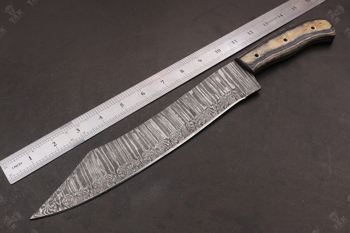 Heritage Forge 15.5 Inch Custom Handmade Damascus Hunting Bowie Knife with Camel Bone and Wood Handle