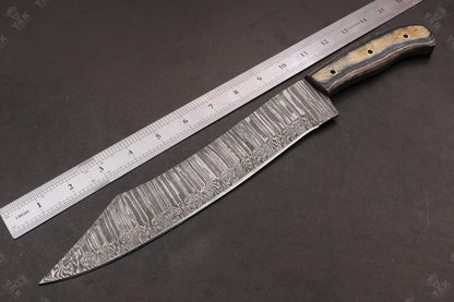 Heritage Forge 15.5 Inch Custom Handmade Damascus Hunting Bowie Knife with Camel Bone and Wood Handle