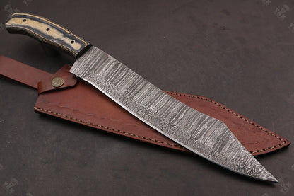 Heritage Forge 15.5 Inch Custom Handmade Damascus Hunting Bowie Knife with Camel Bone and Wood Handle