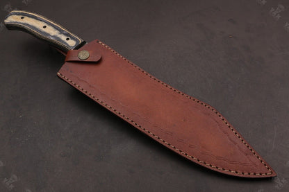 Heritage Forge 15.5 Inch Custom Handmade Damascus Hunting Bowie Knife with Camel Bone and Wood Handle