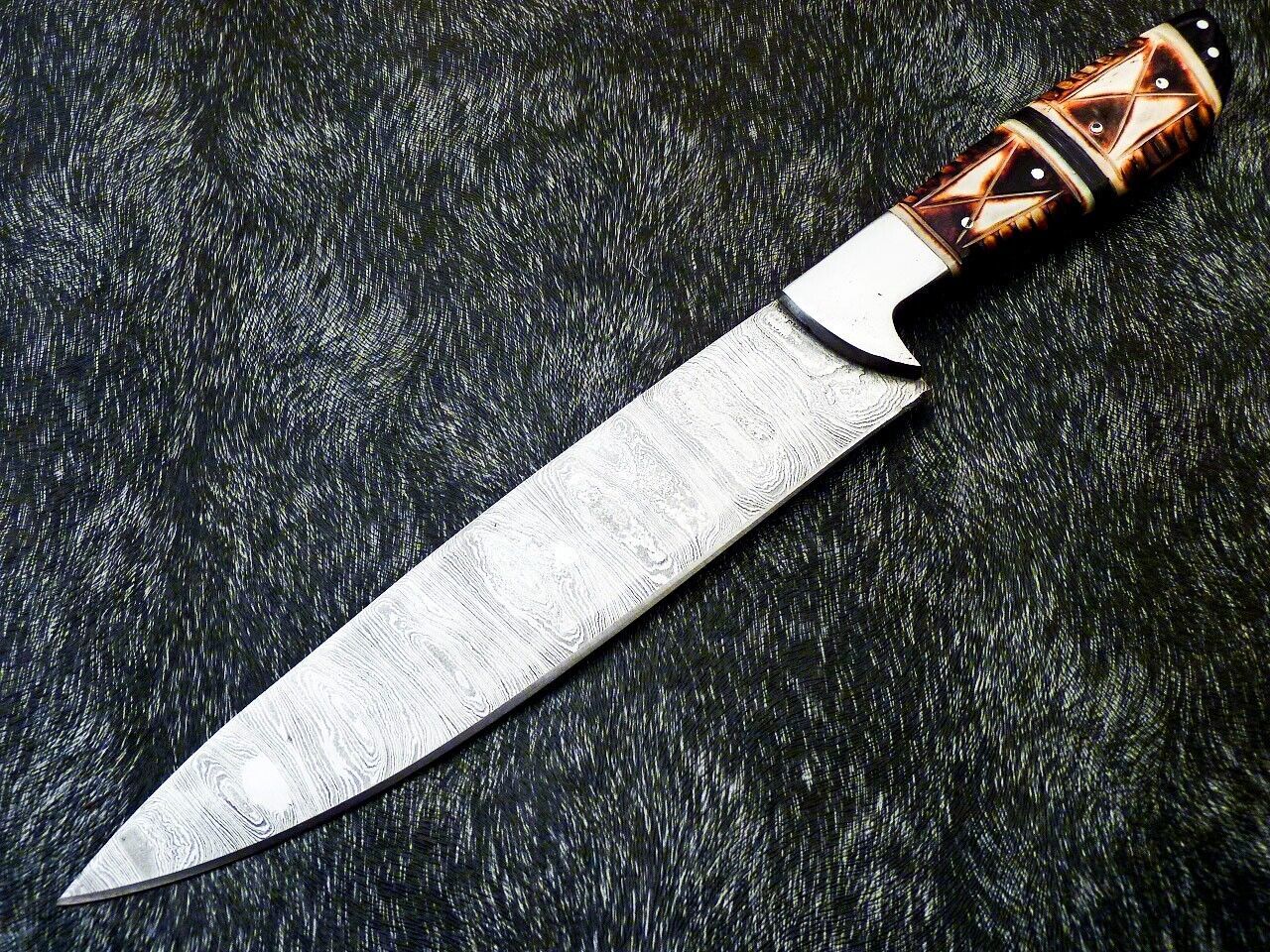 13" Professional Kitchen Chef Knife – Handmade Damascus Blade with Engraved Camel Bone Handle