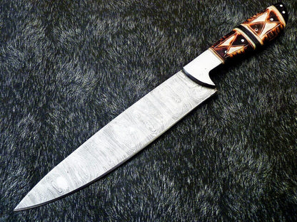 13" Professional Kitchen Chef Knife – Handmade Damascus Blade with Engraved Camel Bone Handle