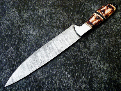13" Professional Kitchen Chef Knife – Handmade Damascus Blade with Engraved Camel Bone Handle
