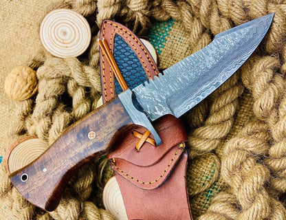 Handmade Damascus Steel Tracker Knife – Hand Forged Hunting Knife with Wood Handle & Sheath